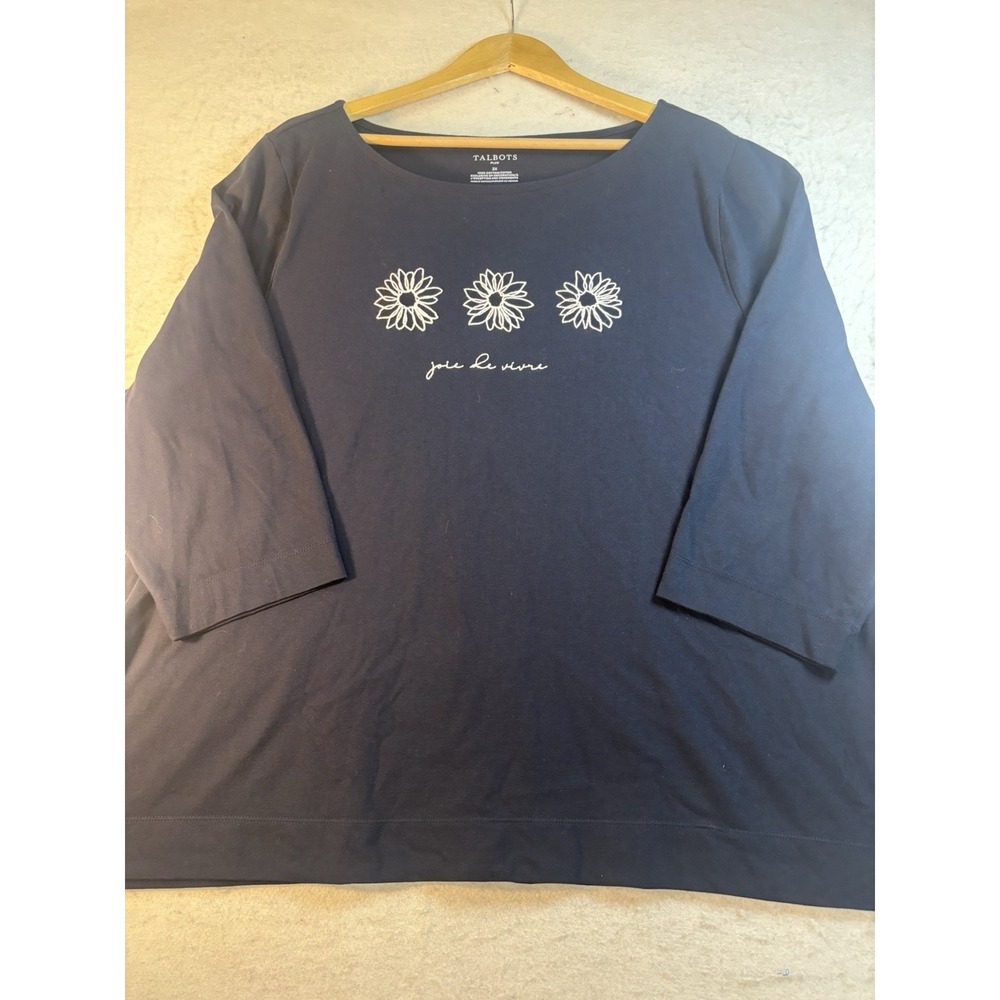 Talbots Womens Navy Blue Joie De Vivre Daisy Embroidered Cotton Top Sz 3X NWOT
